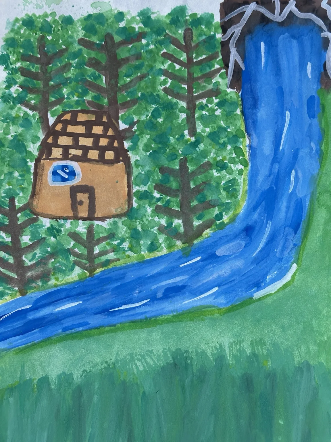 The Forest House — a hand-drawn forest scene with a house and blue river